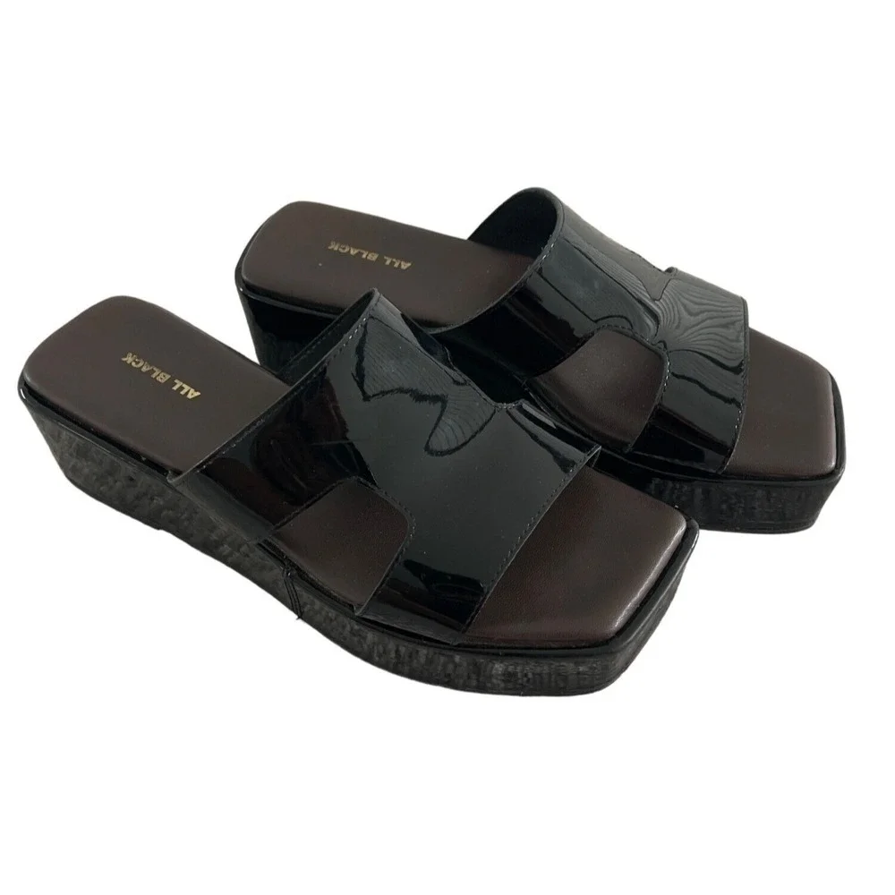 ALL BLACK FOOTWEAR Blunt T Wedge Sandals Black Patent Leather EU 40 9-9.5 $175